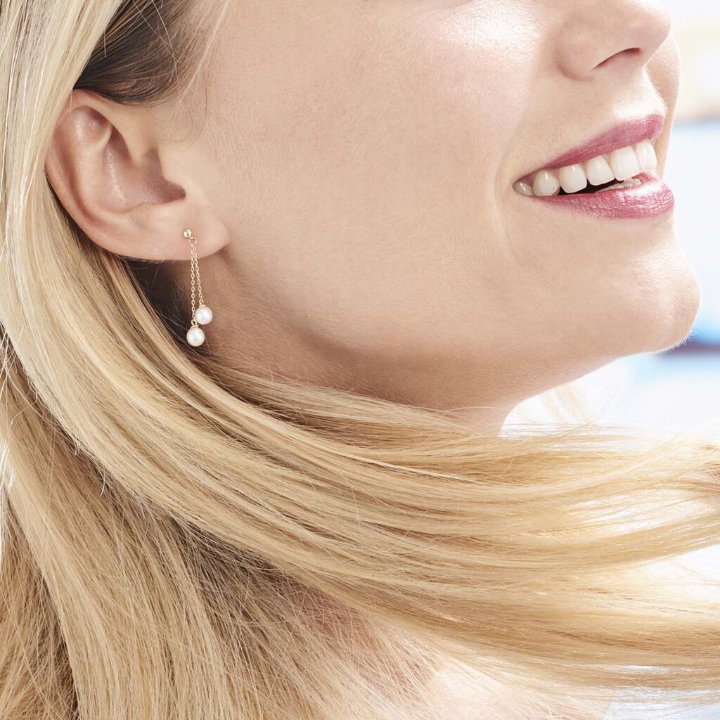 Boucles D'oreilles Pendantes Carrine 2 Fils Or Jaune Perle De Culture - Boucles d'oreilles pendantes Femme | Histoire d’Or