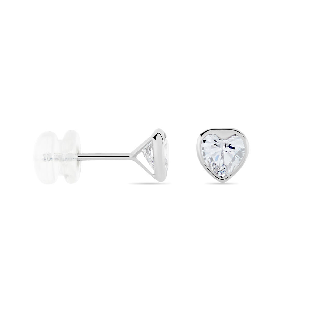 Boucles D'oreilles Puces Coeur Serti Clos Or Blanc Oxyde De Zirconium - Clous d'oreilles Femme | Histoire d’Or