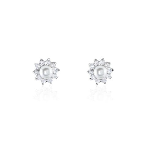 Boucles D'oreilles Puces Argent Blanc Cheri Perle De Culture Oxydes - Boucles d'oreilles fantaisie Femme | Histoire d’Or