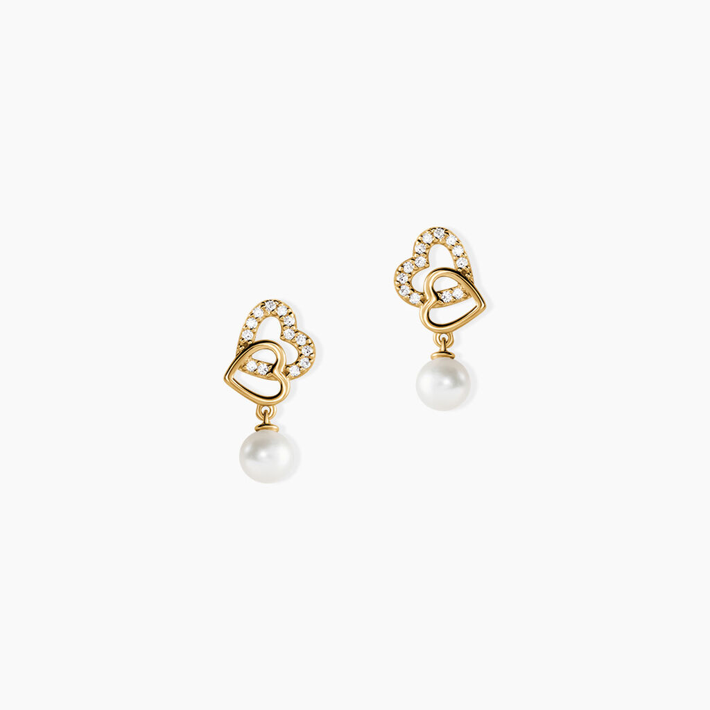 Boucles D'Oreilles Pendantes Loving Pearl Argent Dor&eacute; A L'Or 750/1000 Perle De Culture Oxyde De Zirconium - Boucles d'oreilles pendantes Femme | Histoire d&rsquo;Or