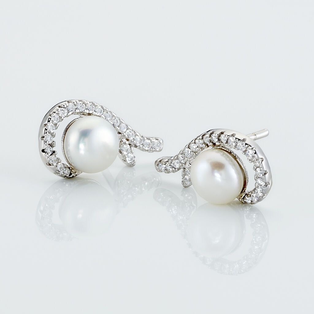 Boucles D'oreilles Puces Cyrana Argent Blanc Perle De Culture Et Oxyde - Boucles d'oreilles fantaisie Femme | Histoire d’Or