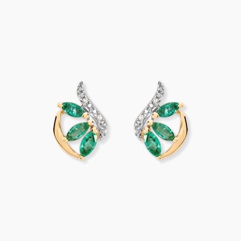Boucles D'oreilles Puces Or Bicolore Petale Emeraude Diamant - Clous d'oreilles Femme | Histoire d&rsquo;Or