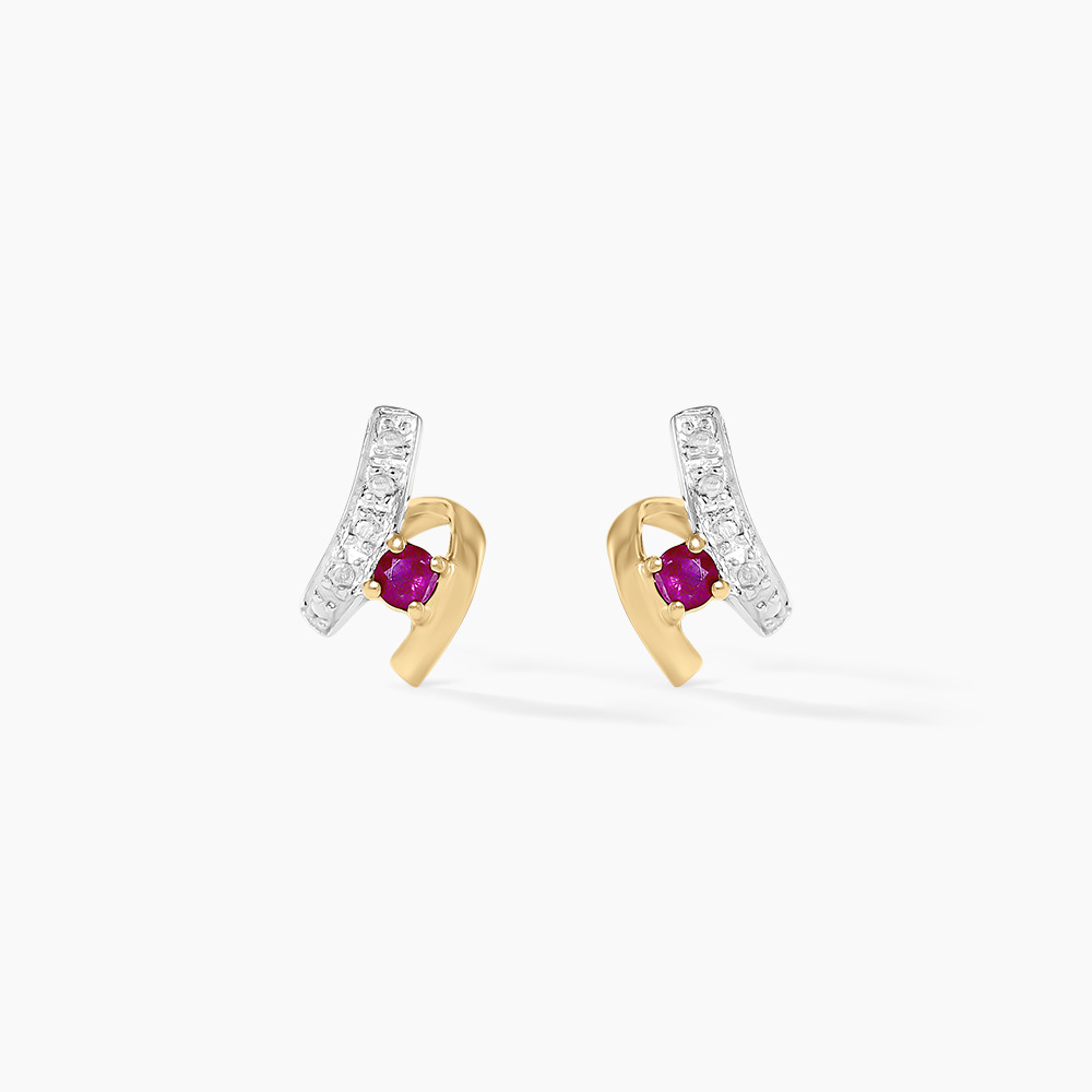 Boucles D'Oreilles En Or 18 Carats - Or Jaune Et Blanc Avec Rubis - Style Clou - Occasion Superbe État