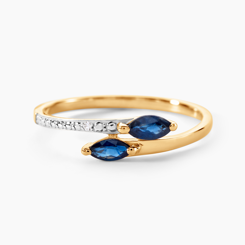 Bague En Or 14 Carats (585) Avec Saphir Navette Et Diamant 0,10 Ct - Taille 55 Ajustable - Neuf Avec étiquettes